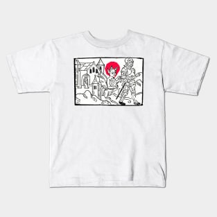 The Devil pursues the medieval knight who, despite his armor, is vulnerable to sin. Vintage drawing. Kids T-Shirt